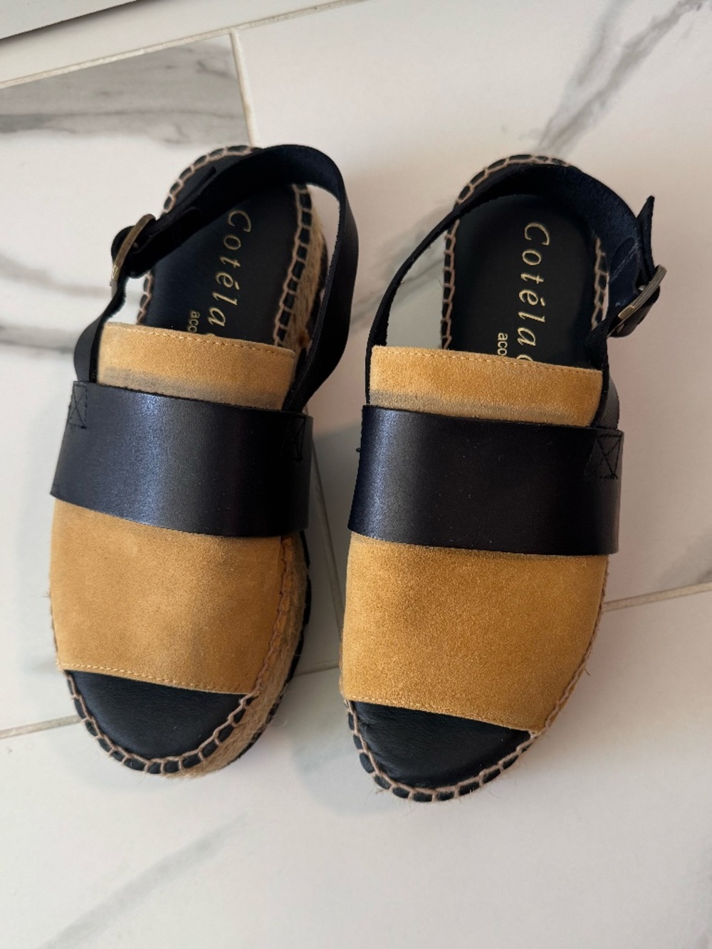 Cotelac Acoté Espadrille Platform Sandals Black Tan Size 37